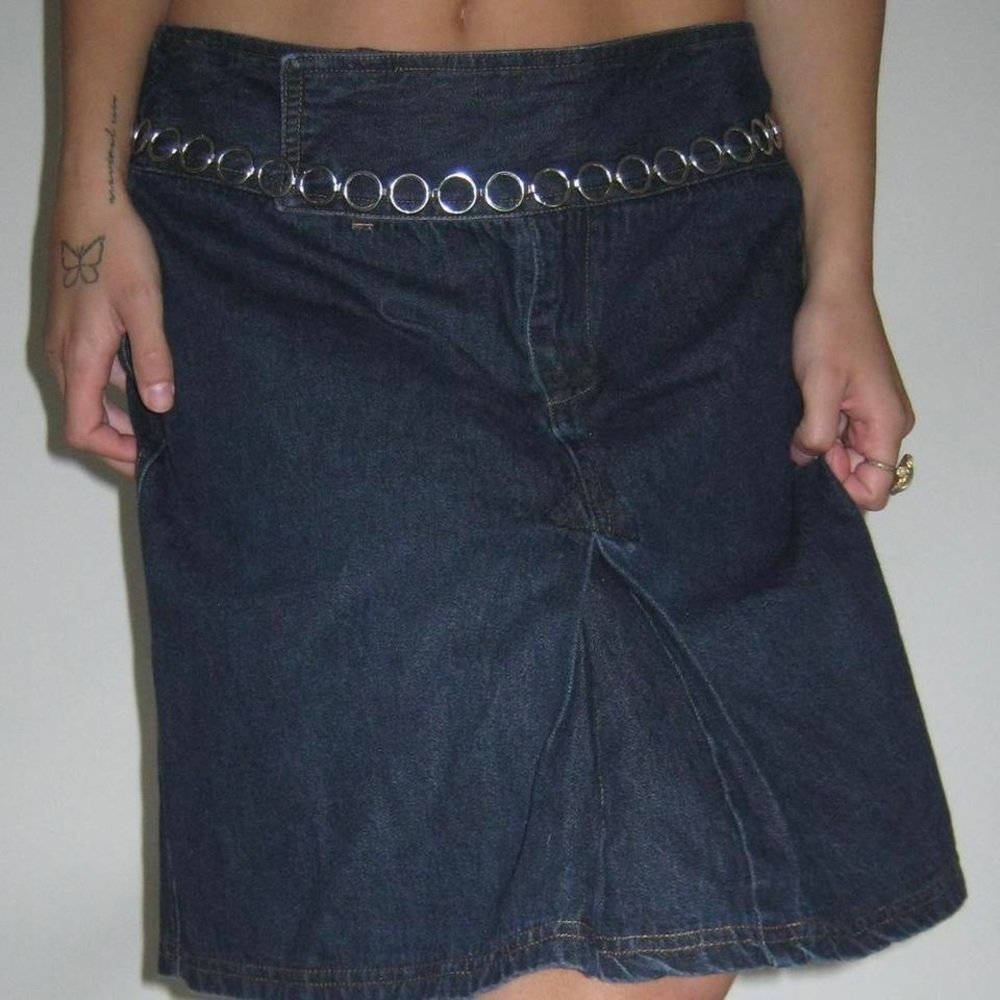 Dark wash denim midi skirt